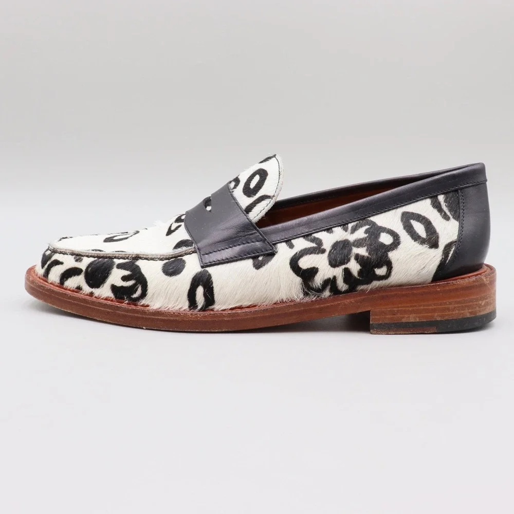 Taft Mens The Fitz Slip-On Penny Loafer Floral Print Calf Hair Sz 42 Black White
